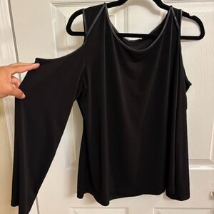 Black Cold Shoulder Top w/Faux Leather Trim